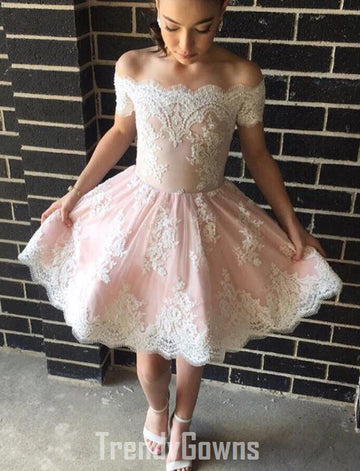 Trendy Off the Shoulder Pink Lace Junior Short Prom Dress JTSH145