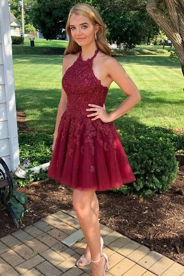 Trendy Halter Burgundy Lace Junior Short Prom Dress JTSH146