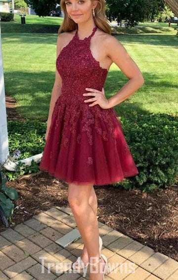 Trendy Halter Burgundy Lace Junior Short Prom Dress JTSH146