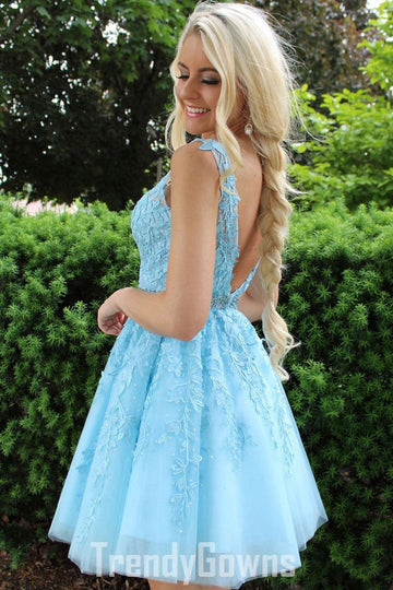 Trendy V Neck Blue Junior Lace Short Prom Dress JTSH151