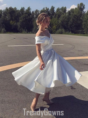 Trendy Satin Tea Length Off The Shoulder White Short Prom Dress JTSH153