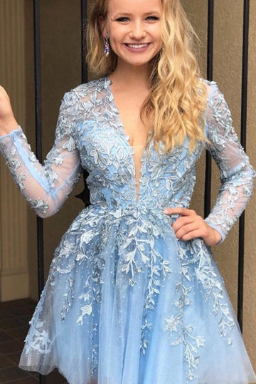 Trendy Long Sleeve Blue Lace Junior Short Prom Dress JTSH155