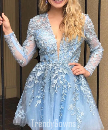 Trendy Long Sleeve Blue Lace Junior Short Prom Dress JTSH155