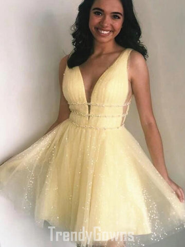 Trendy V Neck Yellow Junior Short Homecoming Dress JTSH158