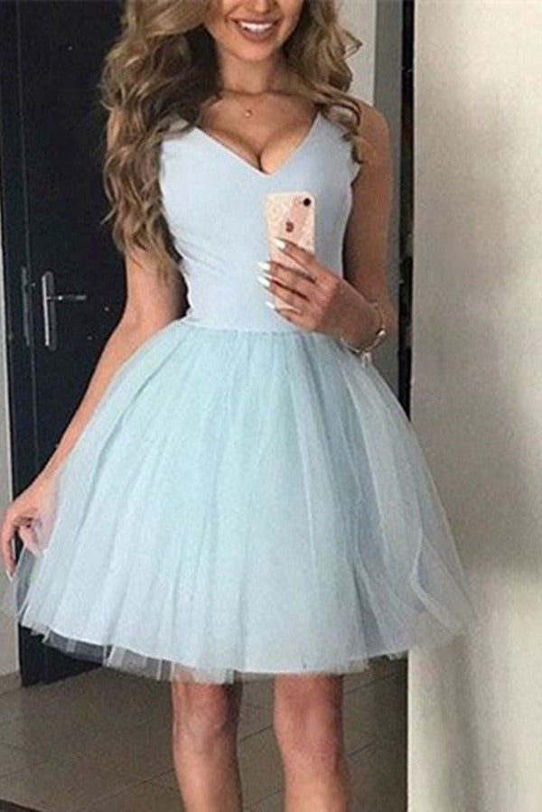 Trendy V Neck Light Blue Junior Short Prom Dress JTSH196