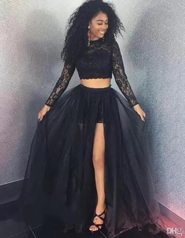 Black Long Sleeve Two Piece Junior Prom Dress GTEEN023