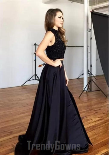 Black Halter Two Piece Junior Prom Dress With Slit GTEEN025