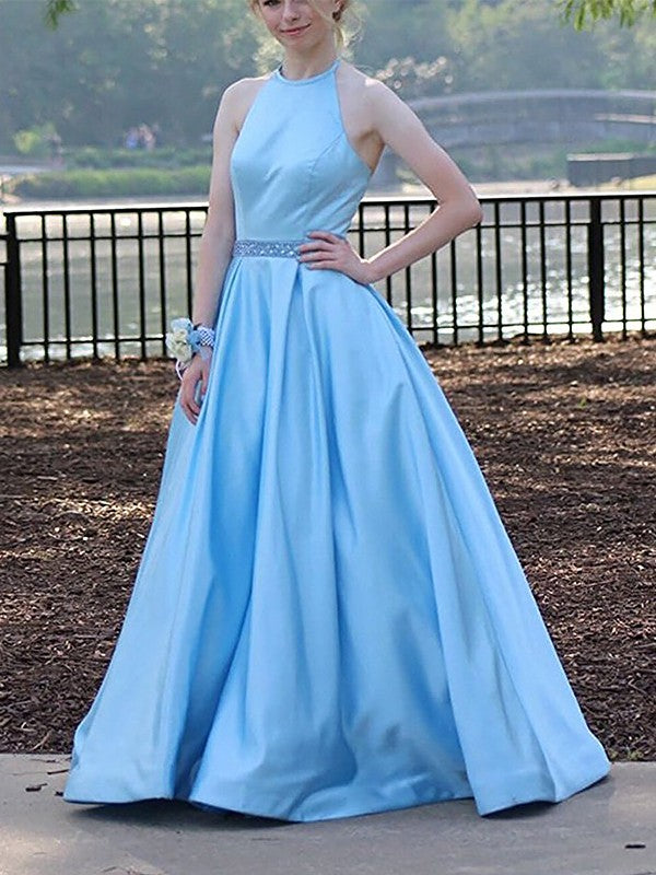 Blue Halter Satin Junior Prom Dress GTEEN050