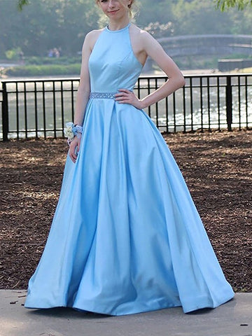 Blue Halter Satin Junior Prom Dress GTEEN050