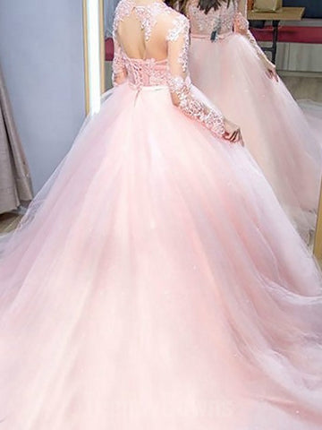 Pink Princess Long Sleeve Tulle Junior Prom Dress GTEEN052