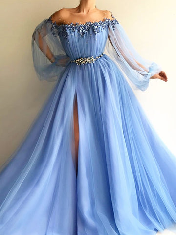 Tulle Long Sleeve Blue Junior  Prom Dress GTEEN066