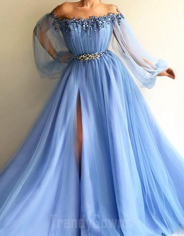 Tulle Long Sleeve Blue Junior  Prom Dress GTEEN066