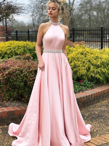 Satin Halter Pink Junior Prom Dress GTEEN073