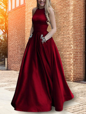 Satin Burgundy Halter Junior Prom Dress With Pocket GTEEN077