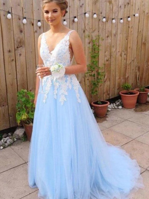 Light Blue V-neck Junior Prom Dress GTEEN085