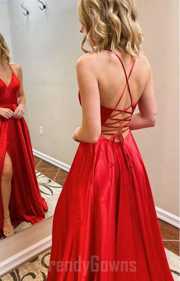 Simple Satin Red Straps Junior Prom Dress GTEEN088