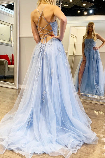 Blue Straps Lace Sexy Slit Junior Prom Dress GTEEN089