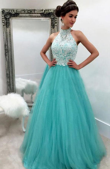 Turquoise Lace Halter Junior Prom Dress GTEEN096