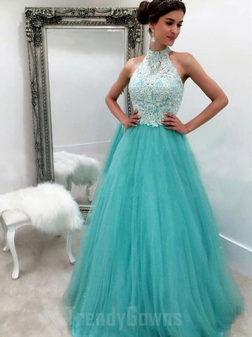 Turquoise Lace Halter Junior Prom Dress GTEEN096