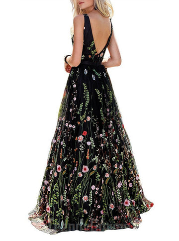 Black V-neck Printed Flowers Lace Junior Girl Prom Dress GTEEN109