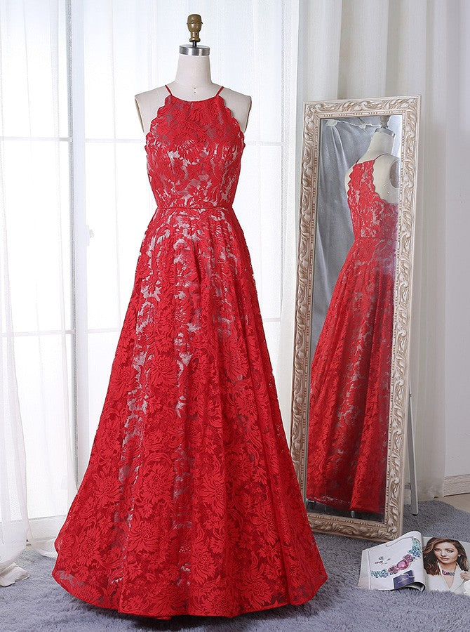 Red Halter Lace Junior Girl Prom Dress GTEEN110