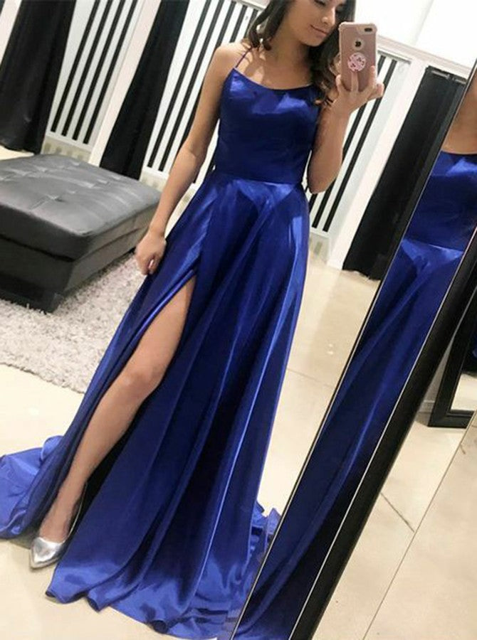 Simple Satin Straps Royal Blue Sexy Side Slit Junior Prom Dress GTEEN111