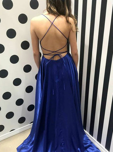 Simple Satin Straps Royal Blue Sexy Side Slit Junior Prom Dress GTEEN111