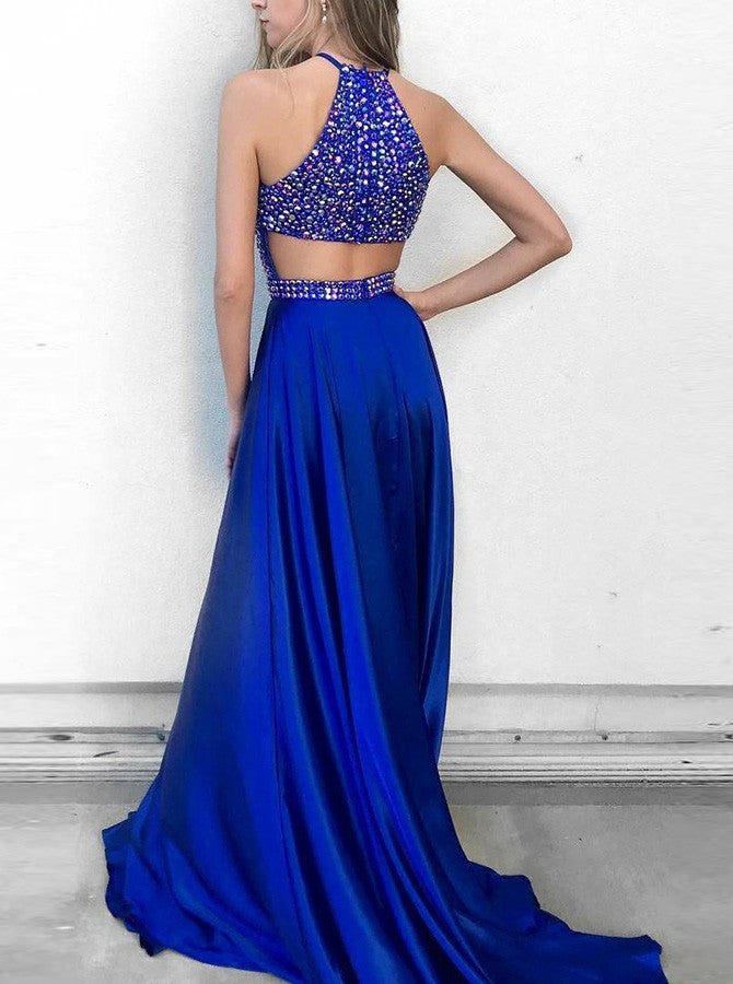 Halter Royal Blue Sequin Junior Prom Dress GTEEN112