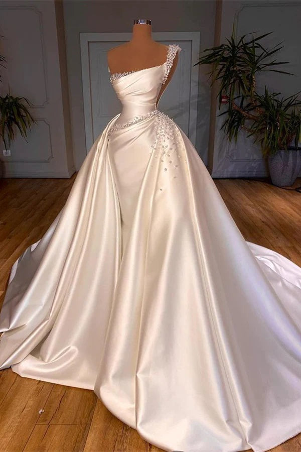 Trendy One Shoulder Pearl Overskirt Wedding Gown TWA001