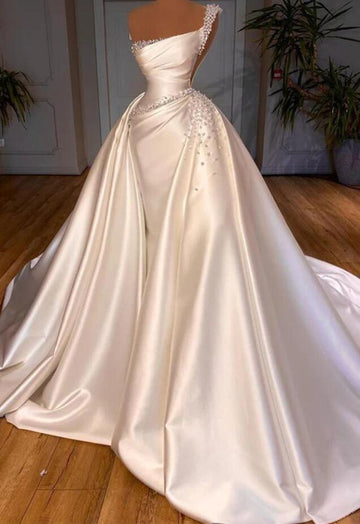 Trendy One Shoulder Pearl Overskirt Wedding Gown TWA001