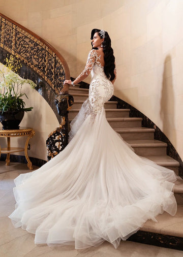 Trendy Mermaid V-Neck Long Sleeves Beading Applique Wedding Gown TWA002