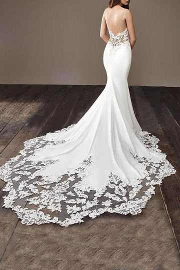 Chapel Train Spaghetti Strap Lace Mermaid Wedding Gown TWA006