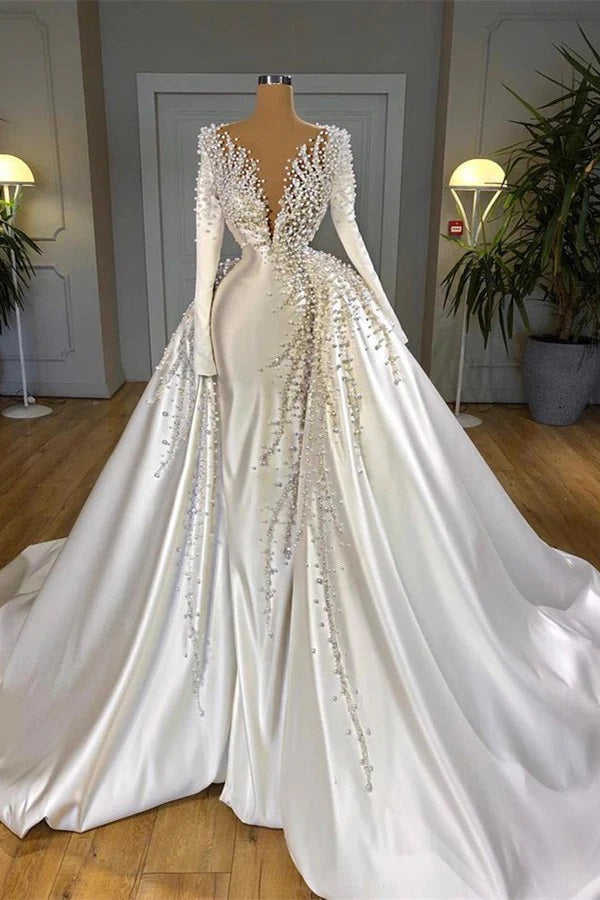 Long Sleeve Pearls V-Neck with Detachable Train Wedding Gown TWA007