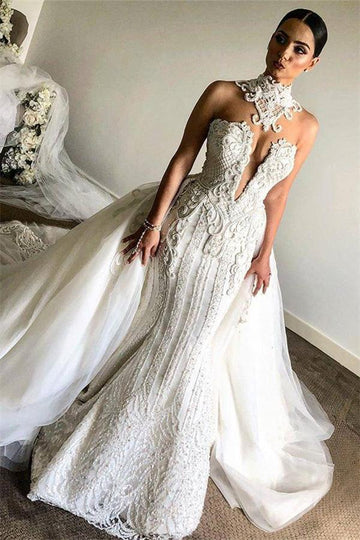 Luxurious High Neck Mermaid Lace Appliques Bridal Gown with Overskirt TWA014