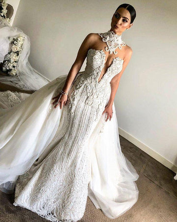 Luxurious High Neck Mermaid Lace Appliques Bridal Gown with Overskirt TWA014