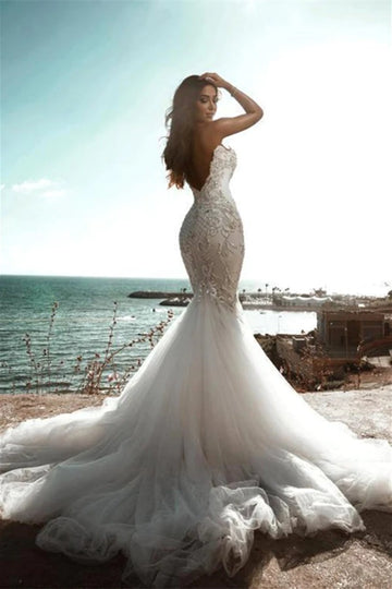 Trendy Open Back Mermaid V-neck Lace Applique Bridal Gown TWA016