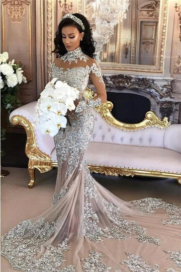 Trendy High Neck Long Sleeve Mermaid Lace Appliques Wedding Gown TWA019