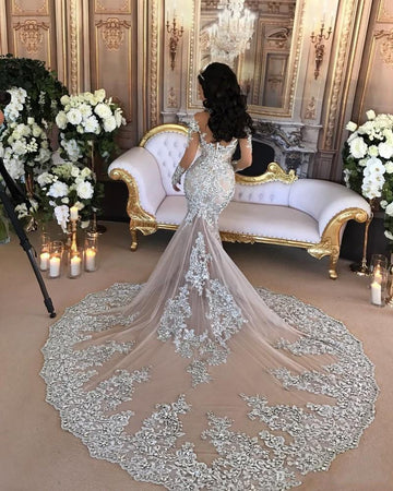 Trendy High Neck Long Sleeve Mermaid Lace Appliques Wedding Gown TWA019