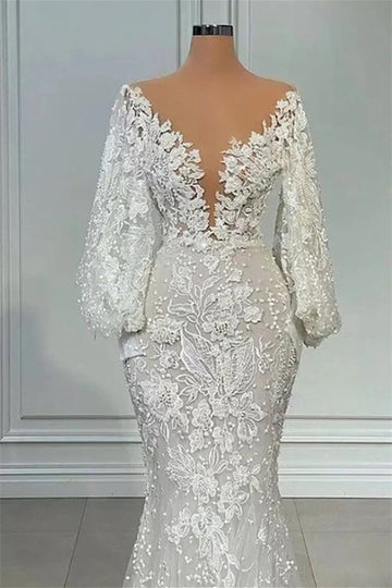 Mermaid V-neck Lace Long Sleeve Applique Beaded Wedding Gown TWA029