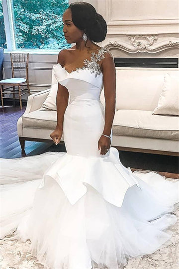 One shoulder Ruffles White Mermaid Bridal Gowns TWA033