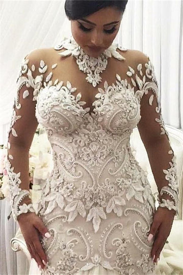 Trendy Long Sleeves High Neck Lace Bridal Gowns TWA036
