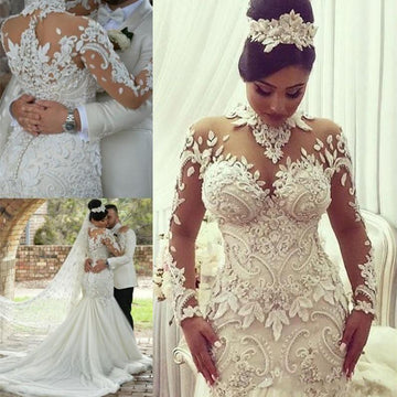 Trendy Long Sleeves High Neck Lace Bridal Gowns TWA036