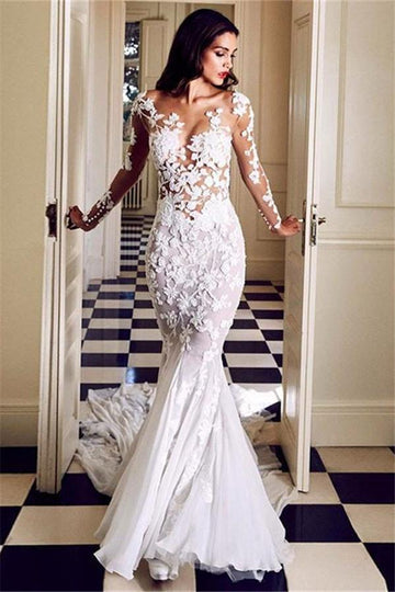 Trendy Mermaid Lace Appliques Long Sleeve Bridal Gowns TWA038