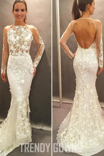 Long Sleeves Lace Appliques Open Back Mermaid Wedding Gown TWA0382