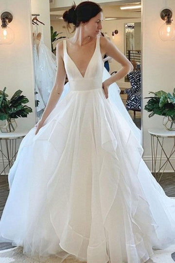 Trendy Deep V-neck Tulle Ruffles Bridal Gowns TWA040