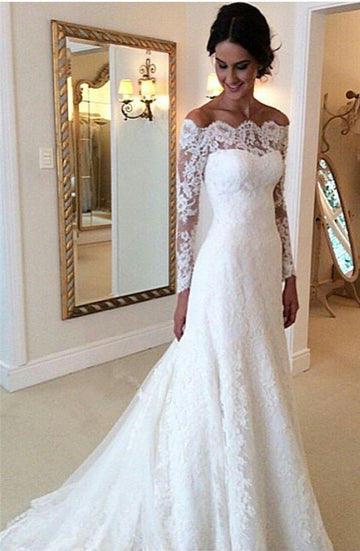 Trendy Off the shoulder Lace Long Sleeves Bridal Gowns TWA044