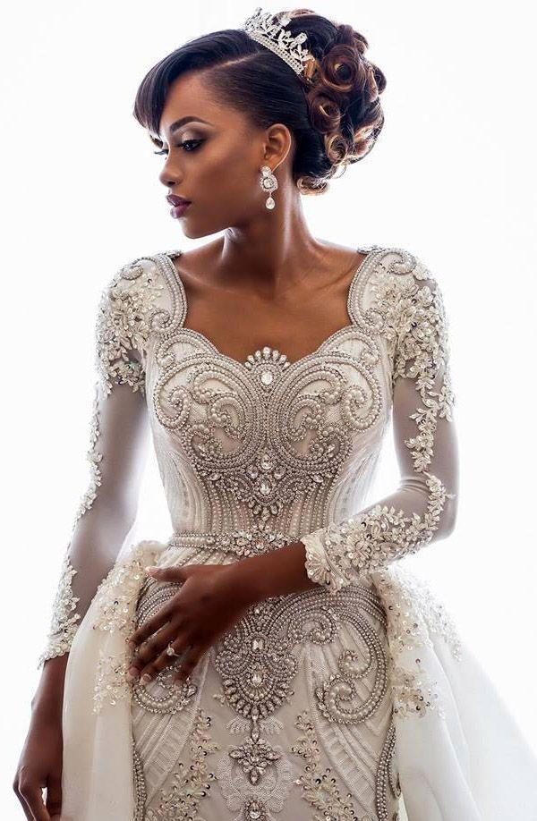 Trendy Overskirt Beads Lace Appliques Long Sleeves Bridal Gowns TWA045