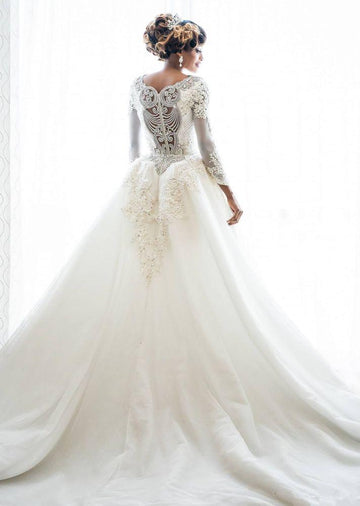 Trendy Overskirt Beads Lace Appliques Long Sleeves Bridal Gowns TWA045