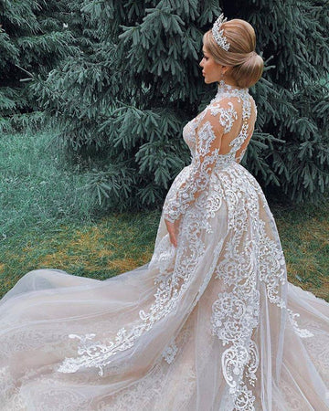 Trendy Long Sleeve Long Train Tulle Beading Paillette Lace Bridal Gowns TWA050