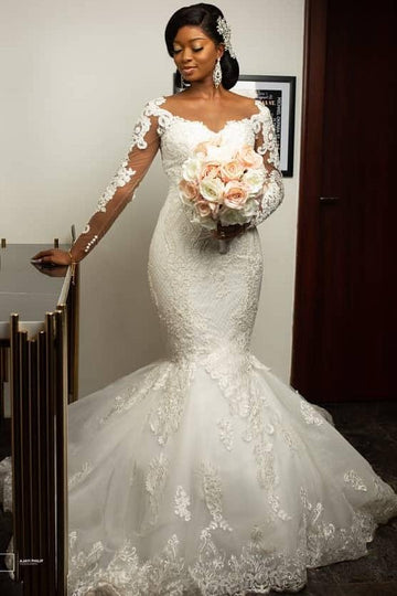 Trendy Mermaid V-neck Long Sleeves Lace Applique Bridal Gowns TWA051